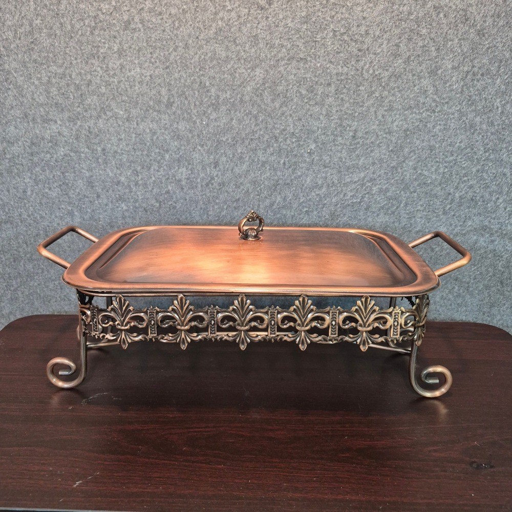 Vtg 1980s Copper Rectangular Warmer Chafing Dish Fleur De Lis New Orleans